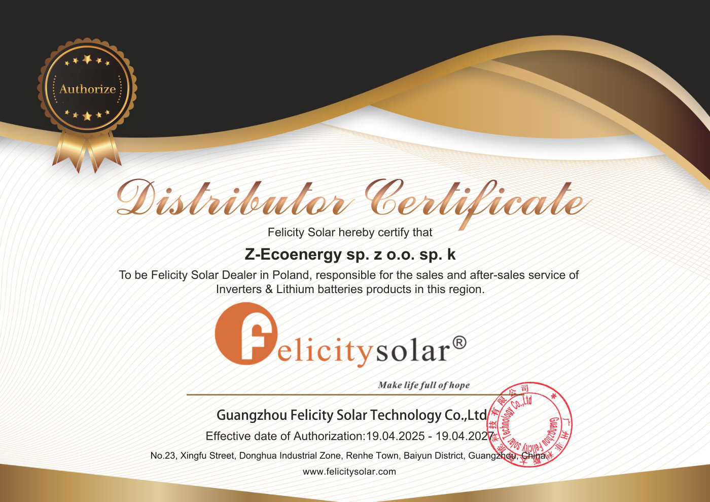 Certyfikat dystrybutora Felicity Solar dla Z-Eco Energy